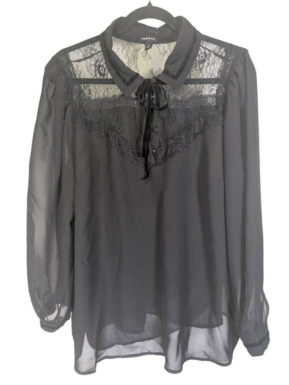 Torrid Black Lace Yoke Velvet-Trim Tie-Neck Blouse Women's 1 (Torrid size)